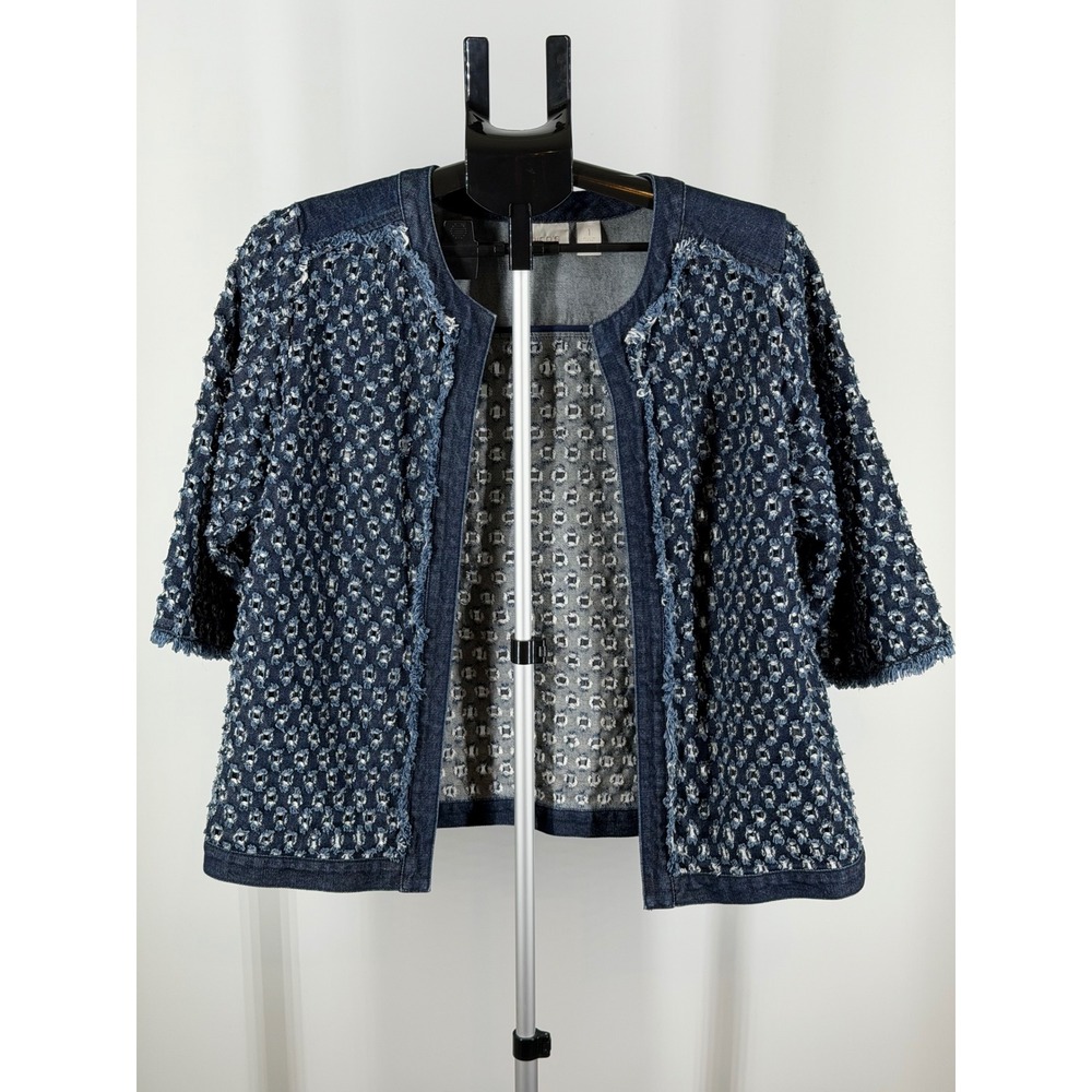 Chicos Blue Distressed Textured Denim Jacket Open Front Frayed Cotton Size 1